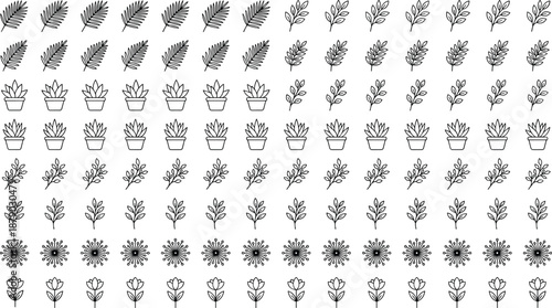 Botanical icon grid set, stylized plant and flower symbols for decorative pattern and nature design - flat vector illustration