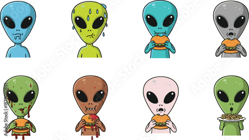 Cartoon aliens eating fast food, expressive extraterrestrial characters, burger and fries humor, colorful heads lineup, flat vector illustration