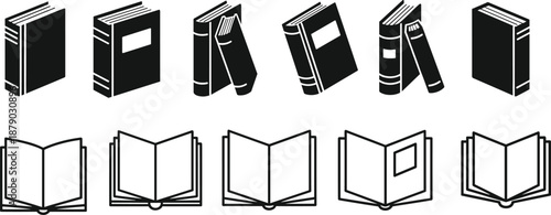 Book icon set, closed and open styles, black and white vector symbols, reading and education concept, flat vector illustration