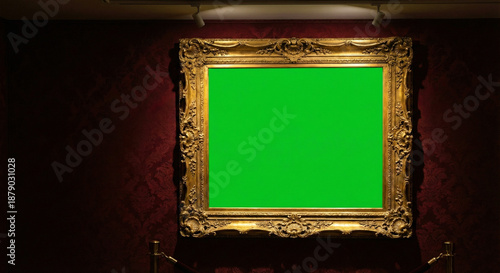 Foto Ornate Golden Picture Frame on Red Wall with Green Screen