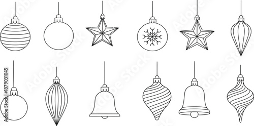 Collection of Christmas ornaments and decorations in line art style