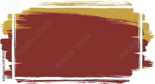 A vibrant abstract artwork featuring bold brushstrokes of maroon and gold on a white background