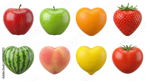 Wallpaper Mural Heart shaped fruit set including apple, orange, strawberry, watermelon, peach, lemon, and tomato isolated. Healthy food and romantic diet concept. Torontodigital.ca