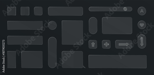 Modern vector glassmorphism UI elements with translucent frosted panels, buttons, sliders and icons on dark background. Clean futuristic design ideal for apps, dashboards and web interfaces.