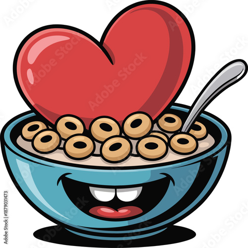 Happy bowl of cereal with heart on white background