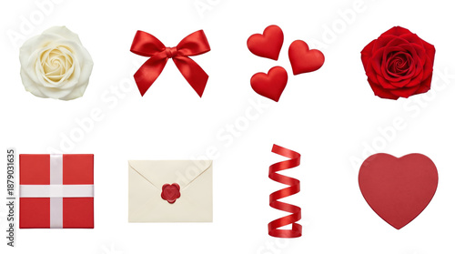 Romantic Valentine's day set including red and white roses, satin bow, hearts, gift box, envelope, and spiral ribbon isolated. Love and holiday celebration collection.