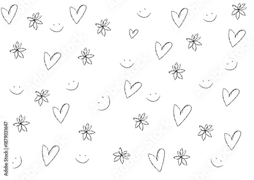 Vector illustration pattern featuring flowers, hearts, and smileys, hand-drawn doodle illustration in scholarly style.