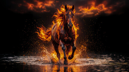 Fiery horse of fortune running through water for Chinese New Year, zodiac energy, prosperity and strength concept