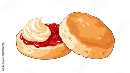 An illustration of a scone with clotted cream and jam, possibly referenced, displayed on a clean white background from a straightforward viewpoint