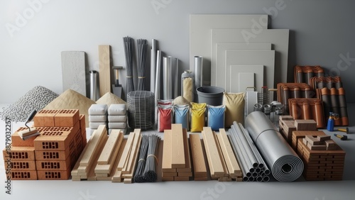 A comprehensive collection of building materials and construction supplies, including bricks, wood, pipes, and sand