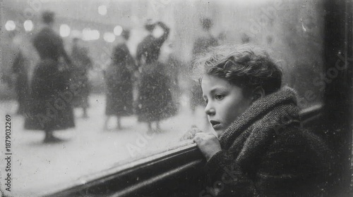 Child looking through a window at street life.