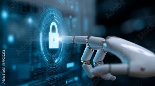 Robotic arm pressing button on virtual safety shield.