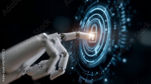 Metal robotic hand holding a digital padlock icon.