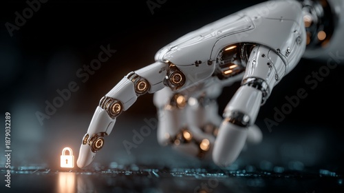 Robotic finger touching glowing digital padlock security interface