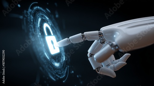 Android hand interacting with circular blue biometric scanner.