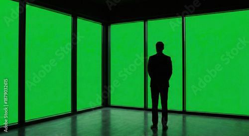 Fotografie Businessman Silhouette Standing in Dark Office with Green Screen Windows