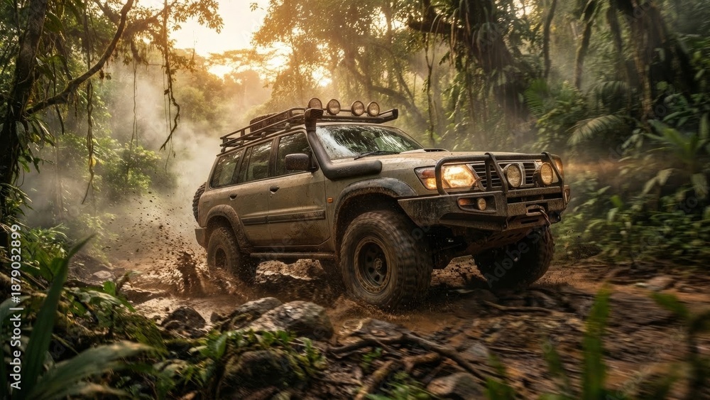 Fototapeta premium Classic expedition SUV on a rocky forest trail.