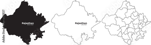 Rajasthan india state maps in black silhouette and outline vector graphic