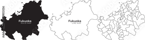 Fukuoka city maps in black and white with outline and detailed district boundaries