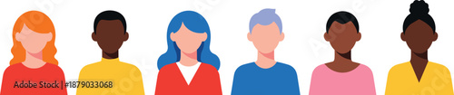 Diverse group of multiethnic people avatars, flat vector illustration collection, faceless profile portraits, inclusive community, social media profile icons, colorful characters heads.