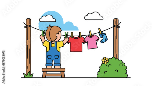 Child Hanging Laundry: Simple Vector Illustration