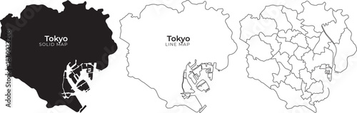 Tokyo city maps in three styles vector illustration of urban areas with labeled boundaries