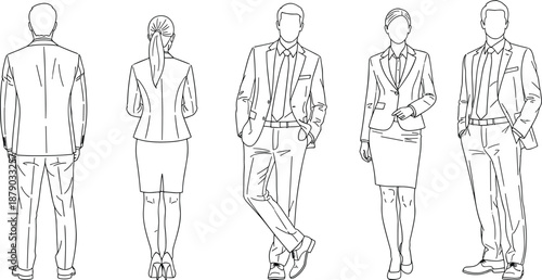 Professional business people line art illustrations collection featuring men and women in formal office suits standing in various poses on white background