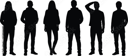 Group of diverse people silhouettes standing in a row together, casual young men and women figures isolated on white background for design