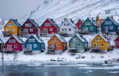 Wallpaper Mural Colorful wooden houses on snowy riverbank with mountain backdrop during winter in scenic arctic village Torontodigital.ca