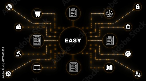 Centralized EASY concept with interconnected icons on a dark background easy simple