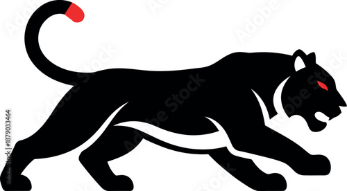 A black panther with red eyes and tail tip walking to the right