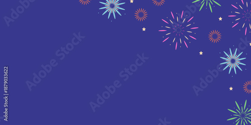 Background with fireworks in the upper right corner against the night sky. Vector hand drawn illustration for your projects.