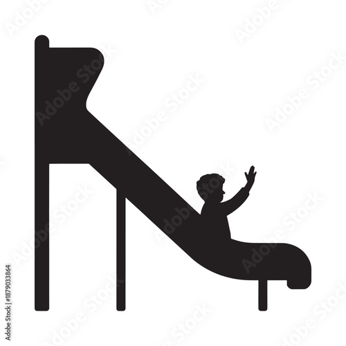 A silhouette of a child joyfully sliding down a playground slide