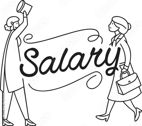 Salary Matters: Two individuals, in a symbolic representation, are depicted interacting around the word Salary, hinting at financial concepts and career dynamics. 