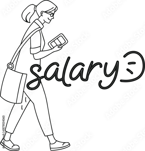  Salary and Work: A stylishly illustrated businesswoman confidently walks, engrossed in her tablet while a salary concept appears, beautifully capturing the financial world with modern business. 