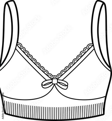 Women bralette fashion sketch, lingerie garment illustration, lace trim design, wide straps drawing, decorative bow detail, ribbed band support, clothing art