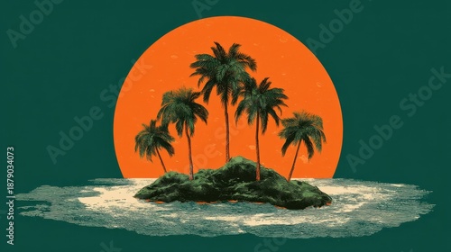 Tropical island oasis with palm trees and vibrant sunset background.