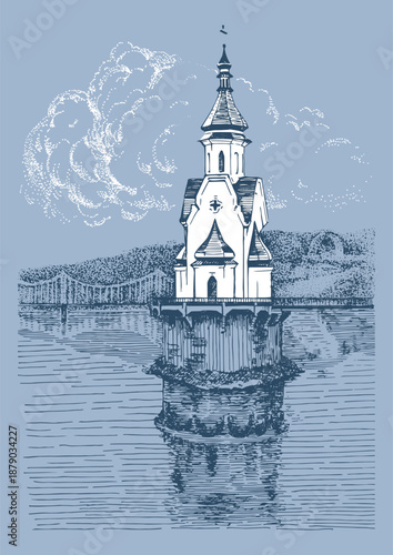 Church on the water in Kyiv. Hand-drawn pen and ink illustration. Line sketch converted into vector.