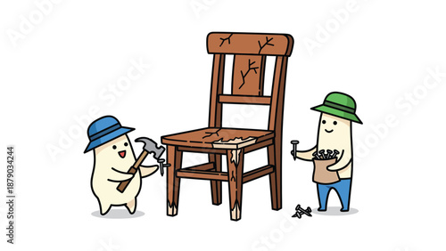 Repairing an Old Wooden Chair: Cartoon Illustration