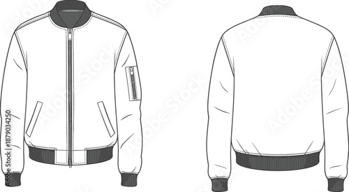 Bomber jacket fashion illustration, technical garment sketch, front and back view, zippered closure, ribbed cuffs waistband, apparel drawing
