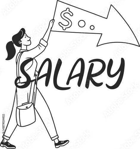 Salary Direction: A determined individual strides confidently, displaying an arrow symbol pointing to the word salary, signifying career success and financial goals.