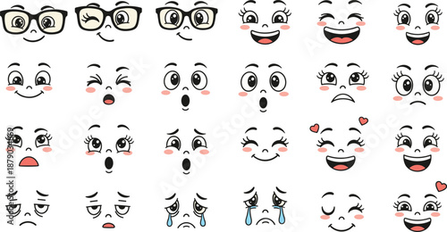Cartoon facial expressions illustration, emotional character artwork, happy sad surprised confused love faces, educational emotion design reference