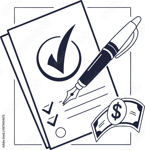 Contract and Payment Illustration: A pen rests upon a contract, with a check mark affirming the successful agreement, accompanied by currency, depicting a deal completed.