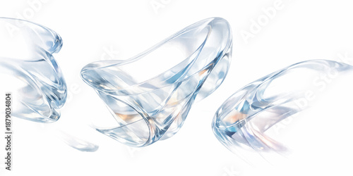 Three translucent abstract liquid forms on white background with soft blue and amber lighting
