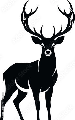 A majestic black silhouette of a deer with impressive antlers on a white background