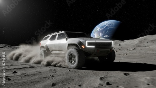 Lunar vehicle kicking up dust with Earth background.