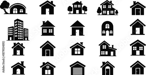 Black House Silhouette Icon Set Featuring Residential Homes, Suburban Cottages, Apartment Buildings, Garages, and Real Estate Symbols for Urban Property Mapping