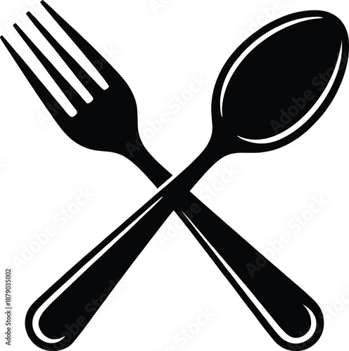 A silver metal fork and spoon are crossed diagonally creating an X shape symbolizing dining service or restaurant utensils against a plain backdrop.