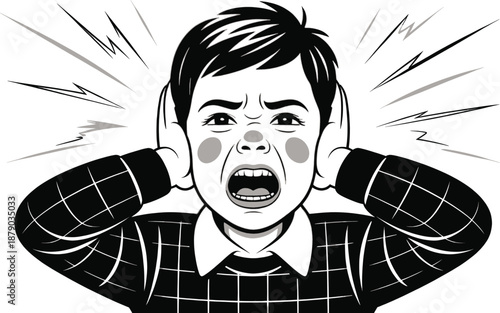 Intense black and white comic style illustration depicts a young boy shouting with wide eyes while tightly covering his ears due to overwhelming auditory input.