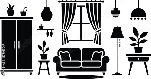 Collection of interior design elements rendered as black silhouettes includes a sofa, curtains, various lamps, a cabinet, and potted plants on a white background.